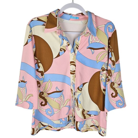 J. McLaughlin Button-Up Knit Shirt Large 70's Retro Abstract Print Pink Brown - Picture 1 of 9